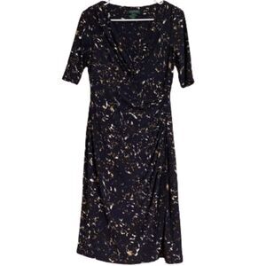 LRL WOMEN’s BLACK MULTI RUCHED w/ FAUX WRAP DETAIL ABSTRACT PRINT DRESS Size-4